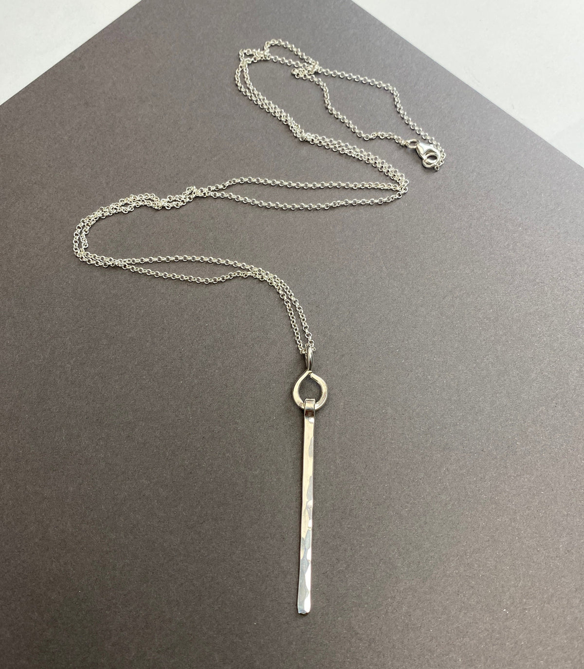 Sterling Silver Long Bar Necklace: Hammered Skinny Pendant