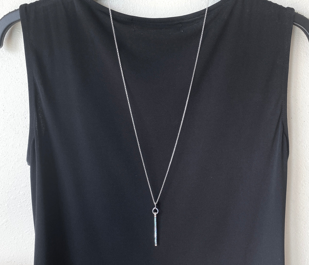 Sterling Silver Long Bar Necklace: Hammered Skinny Pendant