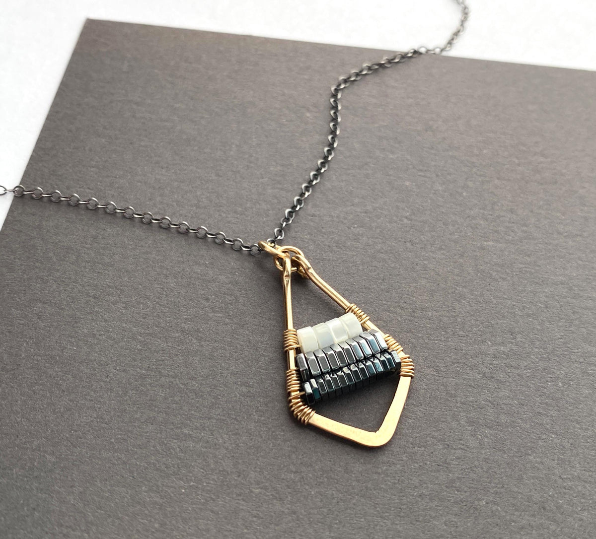 Long Mixed Metal Silver and Gold Beaded Wire Wrapped Pendant Necklace