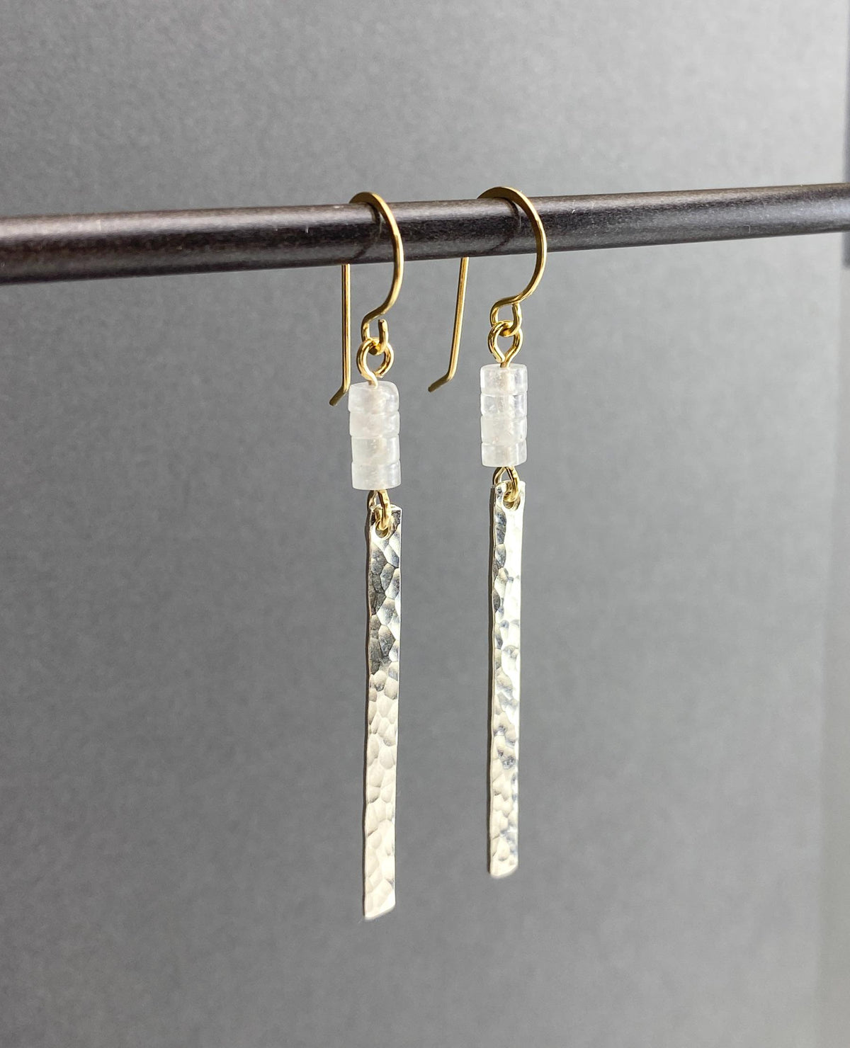 Long Mixed Metal Hammered Bar Quartz Earrings