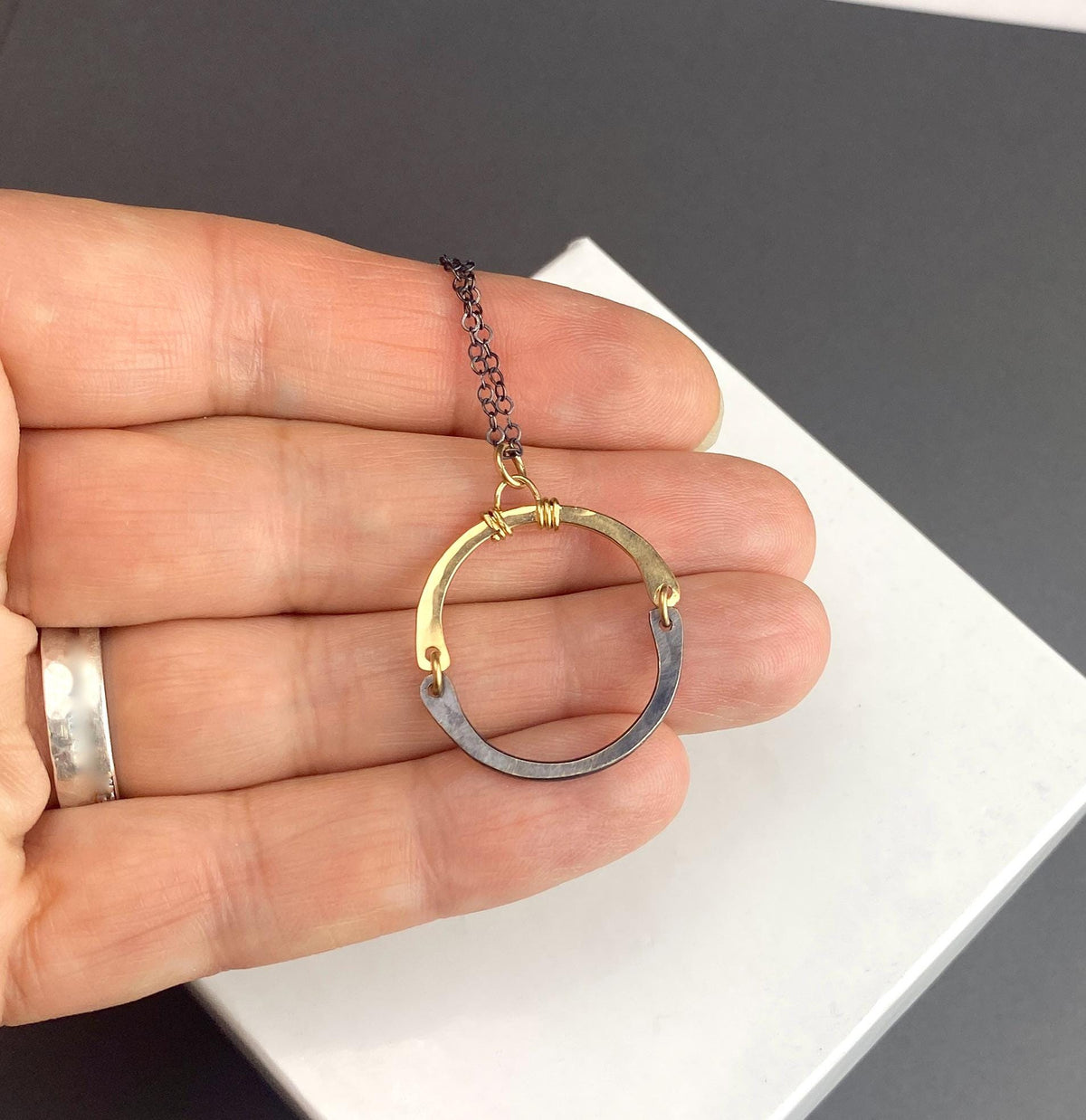 Long Oxidized Silver and Gold Circle Necklace