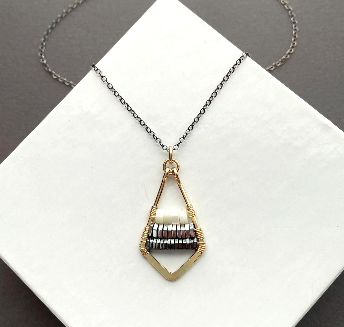 Long Mixed Metal Silver and Gold Beaded Wire Wrapped Pendant Necklace