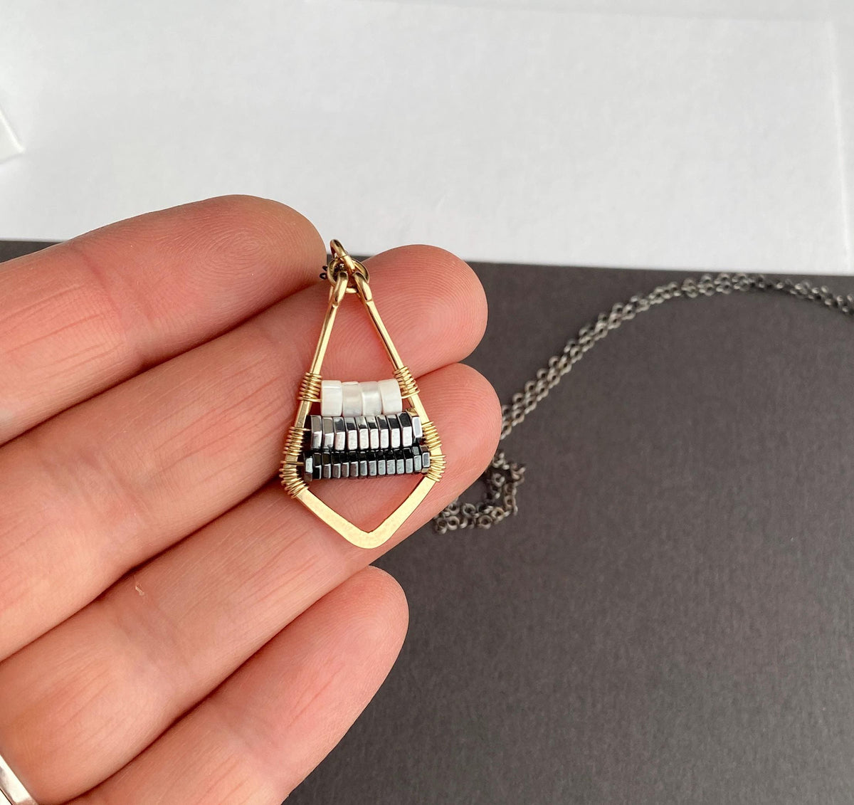 Long Mixed Metal Silver and Gold Beaded Wire Wrapped Pendant Necklace