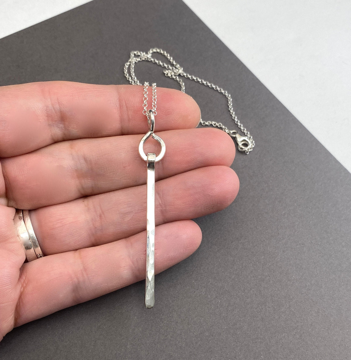 Sterling Silver Long Bar Necklace: Hammered Skinny Pendant