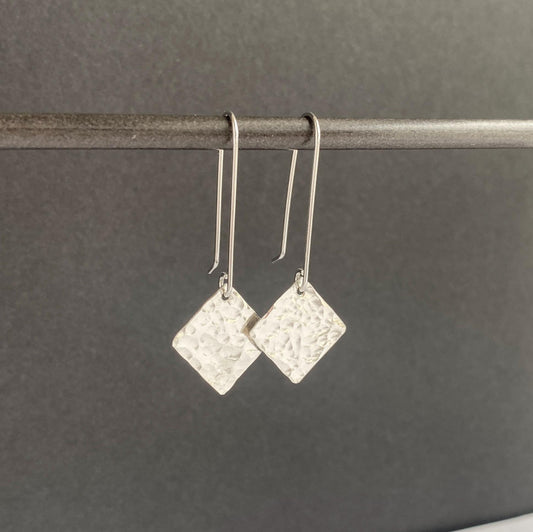 Hammered Sterling Silver Square Drop Earrings