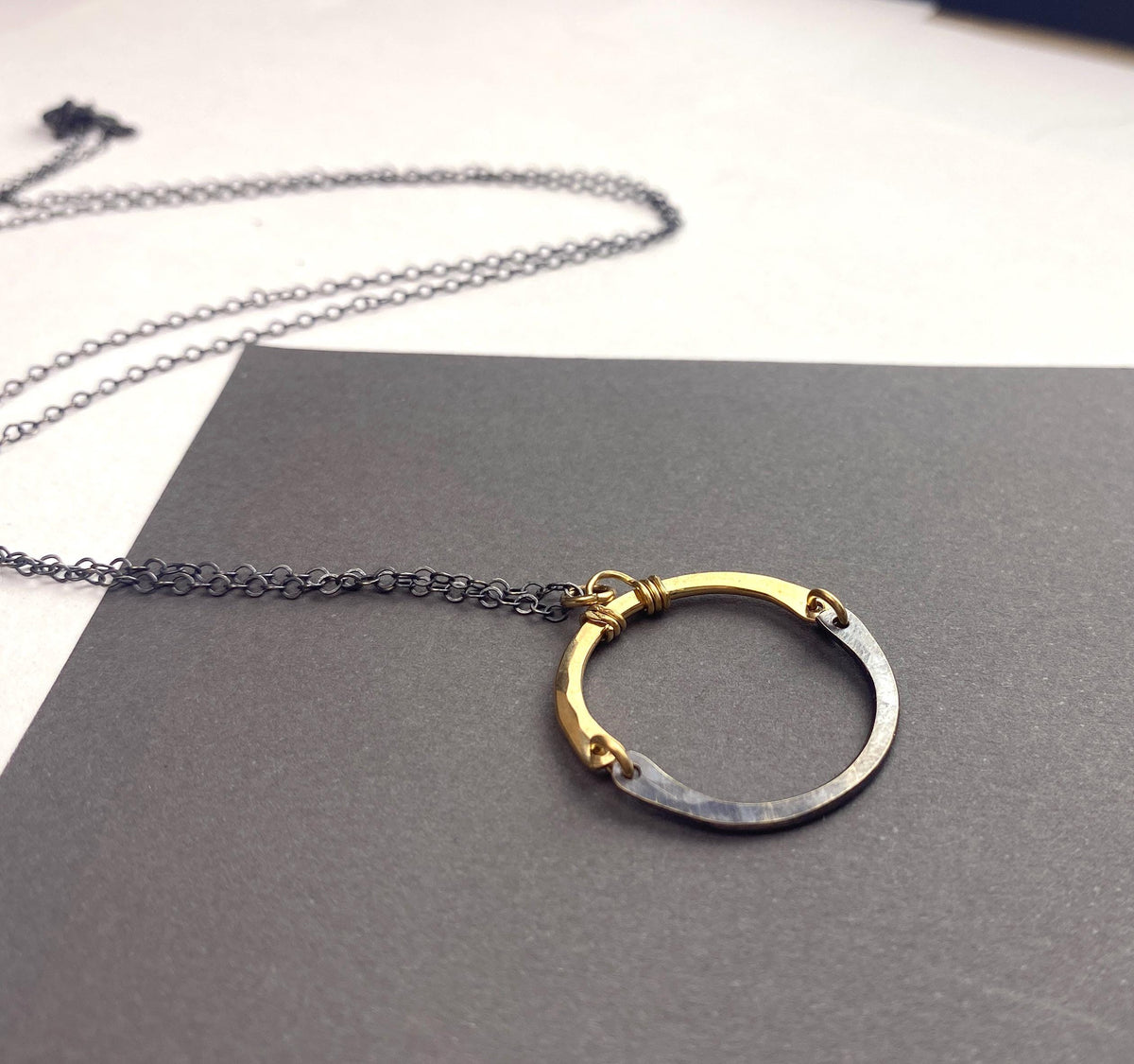Long Oxidized Silver and Gold Circle Necklace