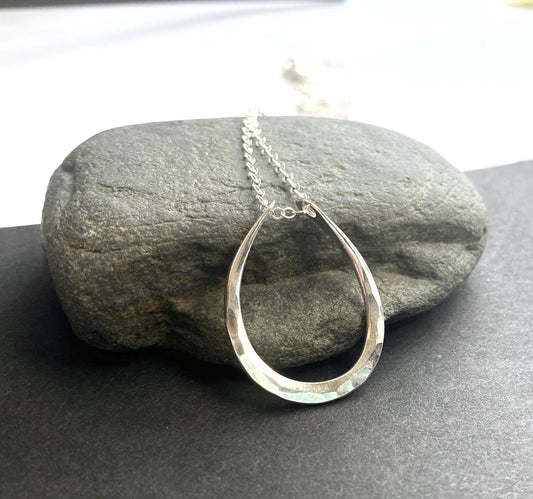 Hammered Silver Oval Pendant Necklace