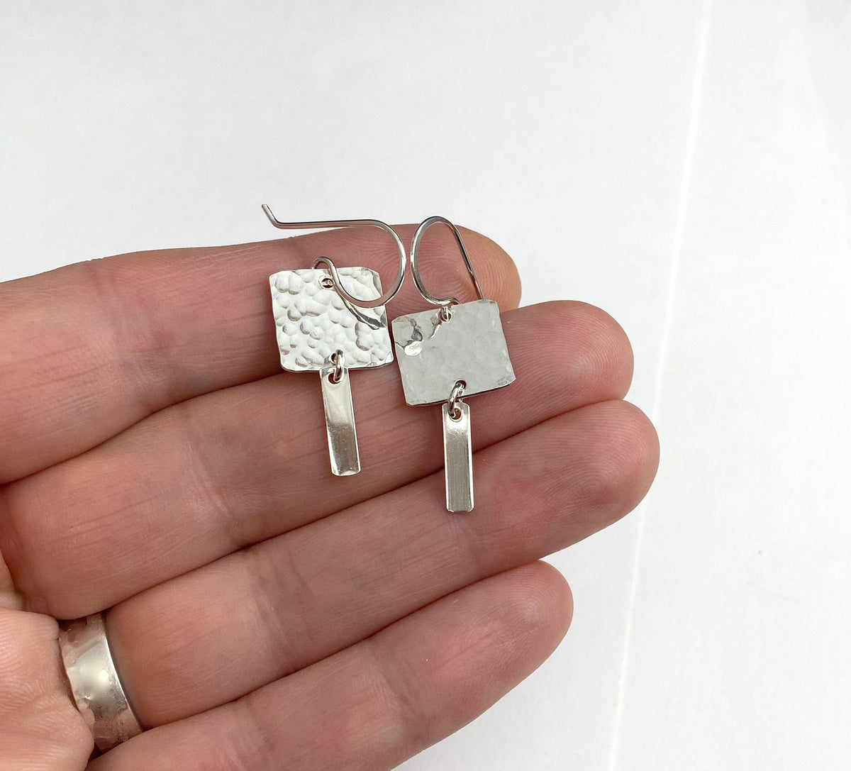 Hammered Silver Square Minimalist Dangle Earrings