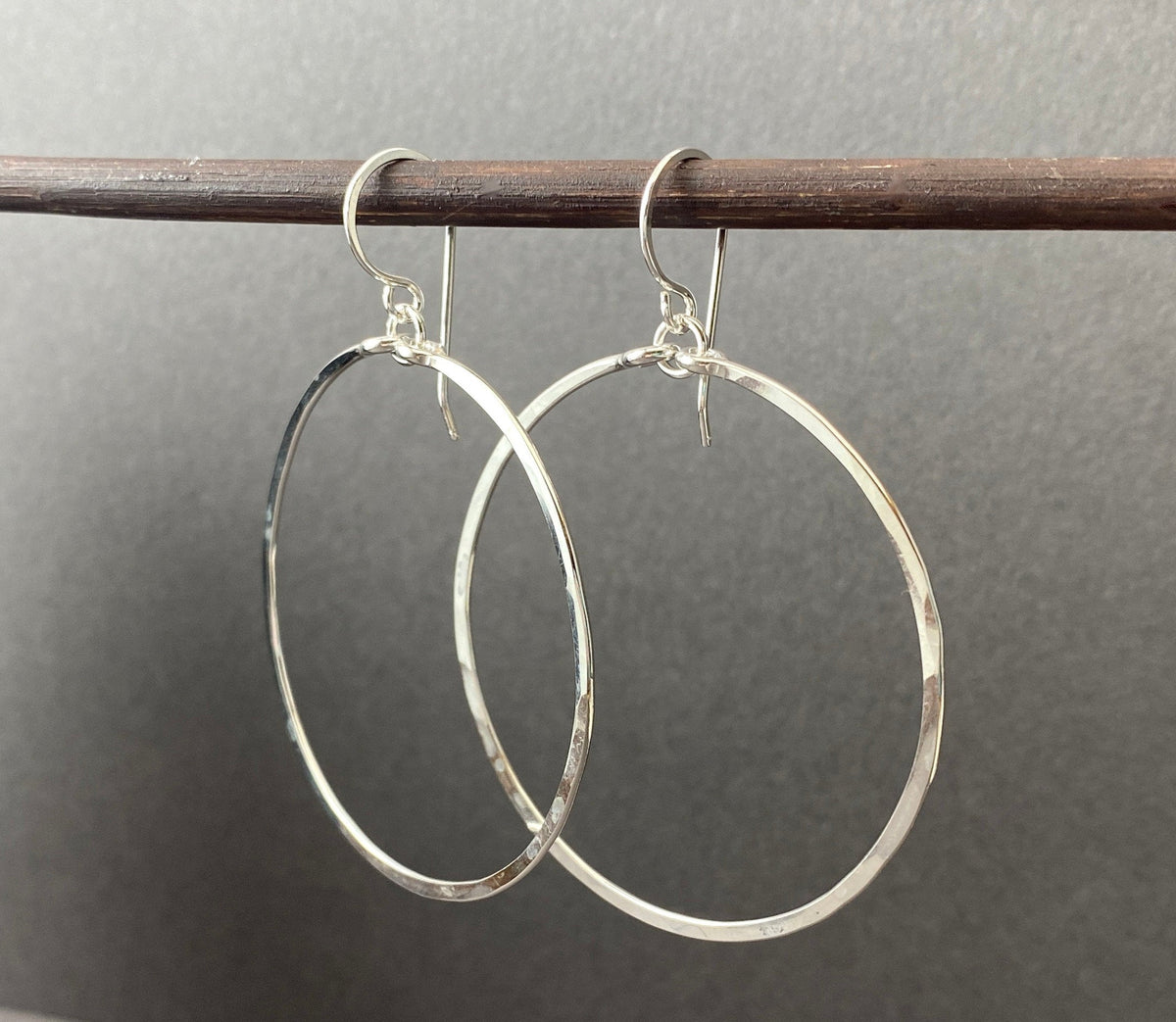 large hammer flattened silver handmade hoops on french hook ear wires