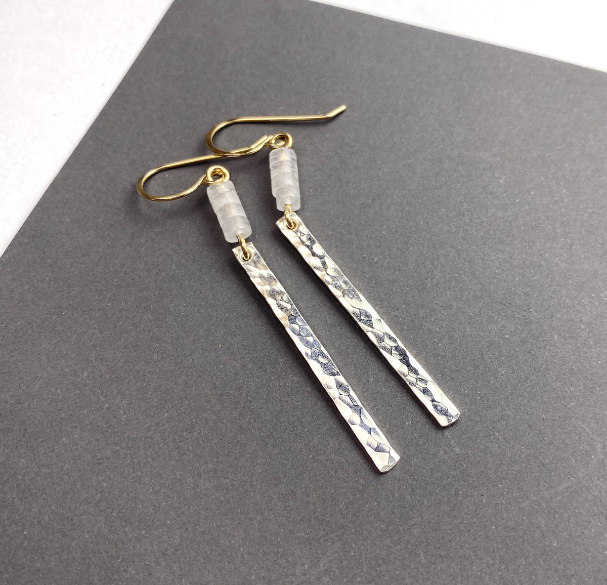 Long Mixed Metal Hammered Bar Quartz Earrings