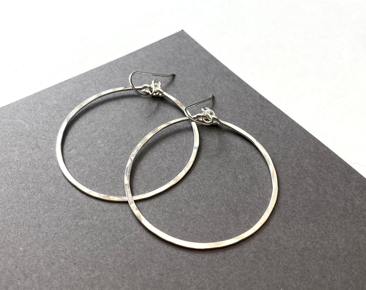 Large Silver Hammer Flattened Dangle Boho Hoops