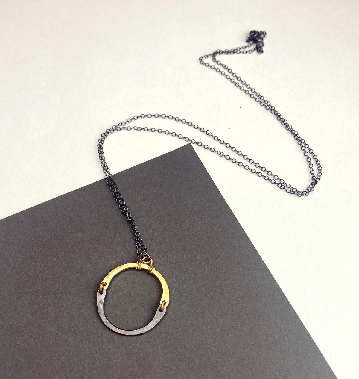Long Oxidized Silver and Gold Circle Necklace