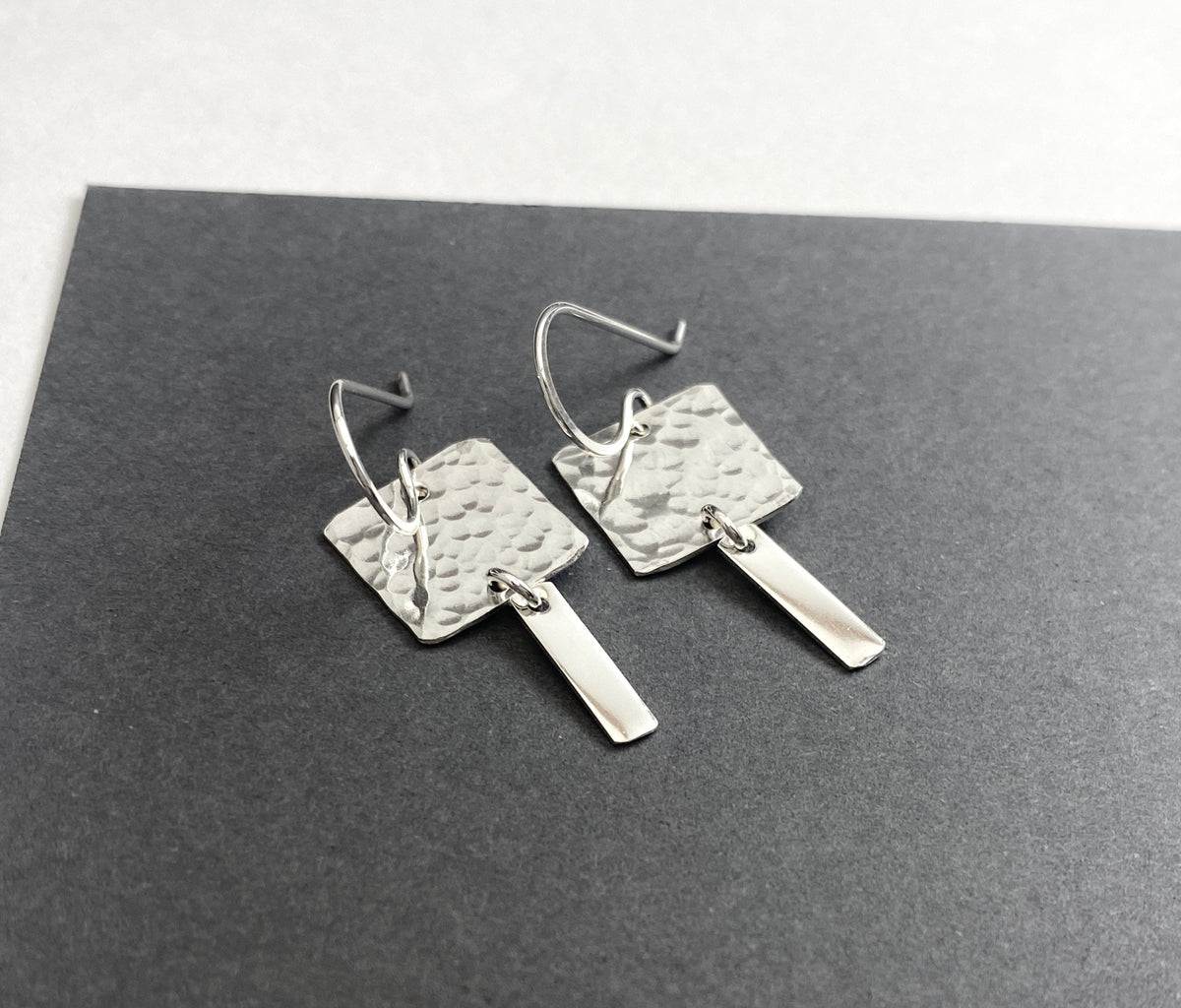 Hammered Silver Square Minimalist Dangle Earrings