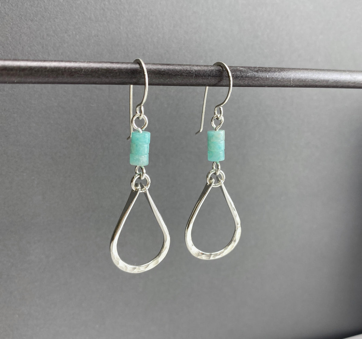 Aqua Blue Gemstone Hammered Silver Drop Earrings
