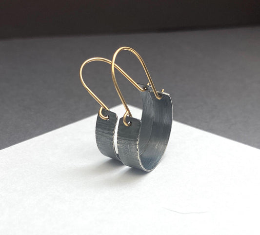 Small oxidized silver and gold two tone hoops