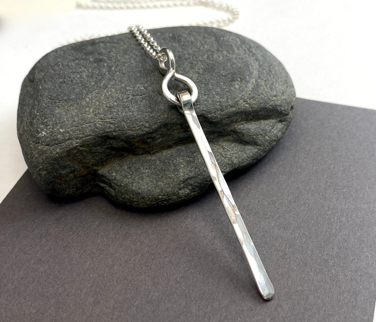 Sterling Silver Long Bar Necklace: Hammered Skinny Pendant