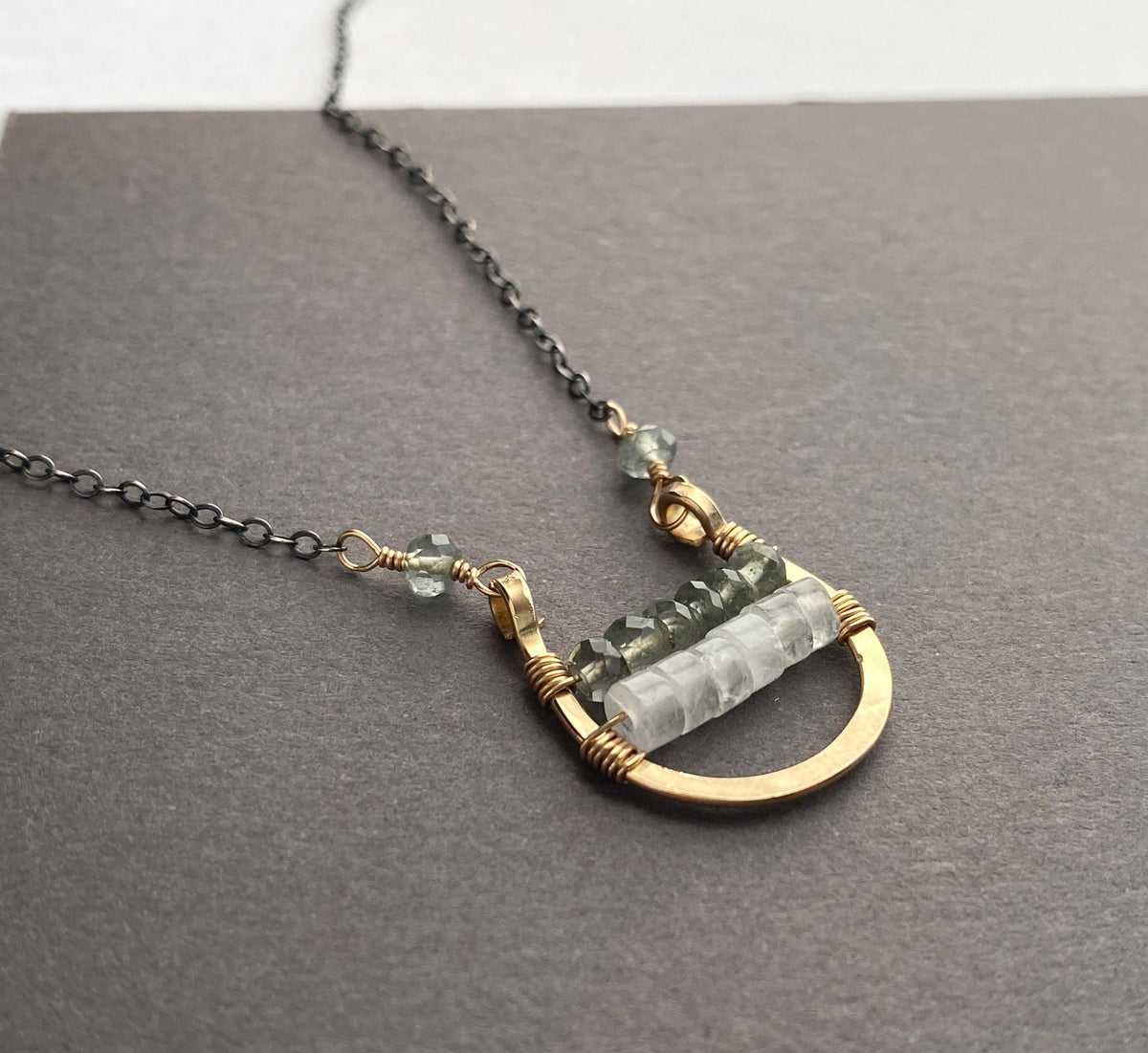 Mixed Metal Wire Wrapped Gold Gemstone Pendant with Oxidized Silver Chain