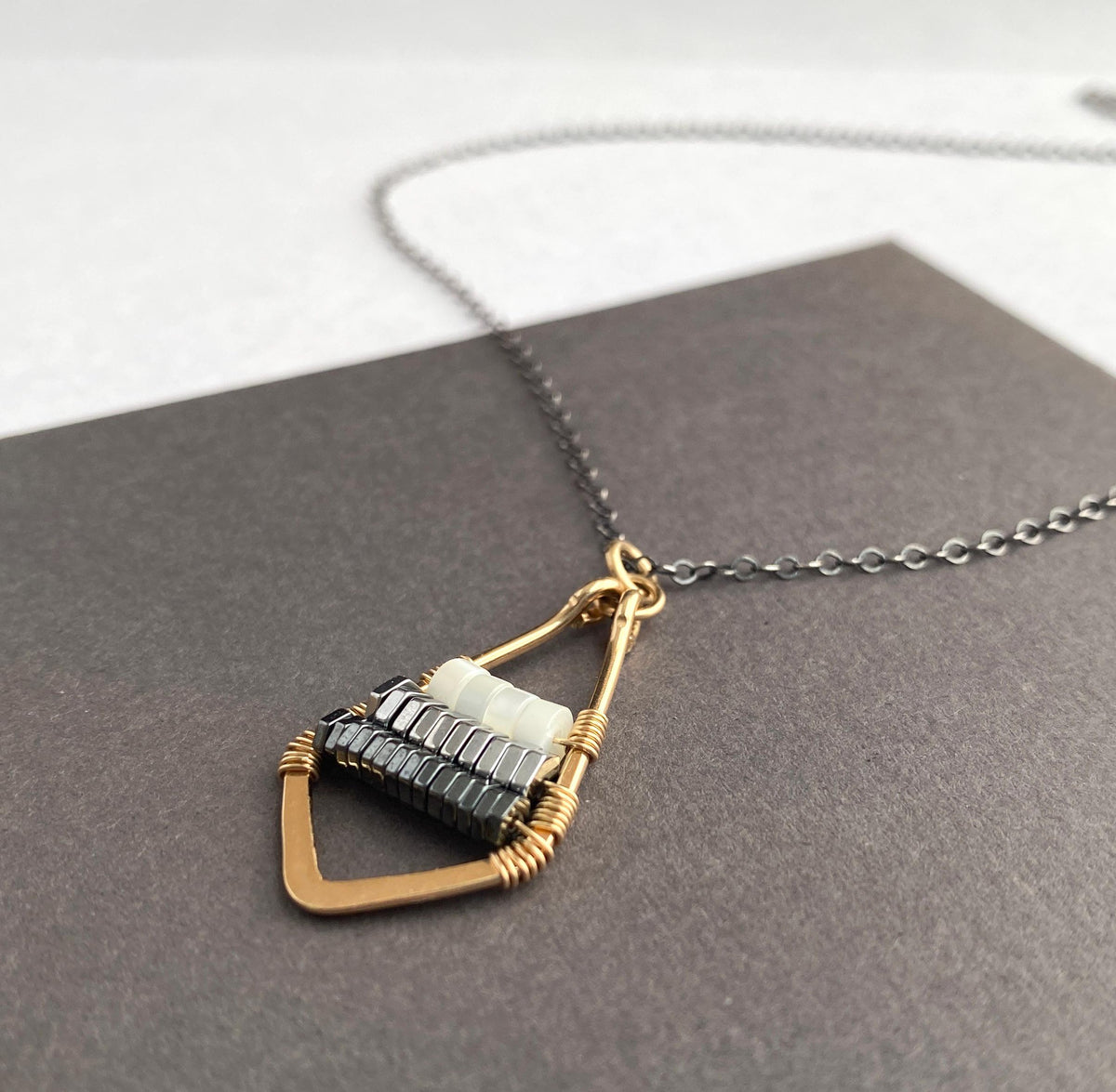 Long Mixed Metal Silver and Gold Beaded Wire Wrapped Pendant Necklace