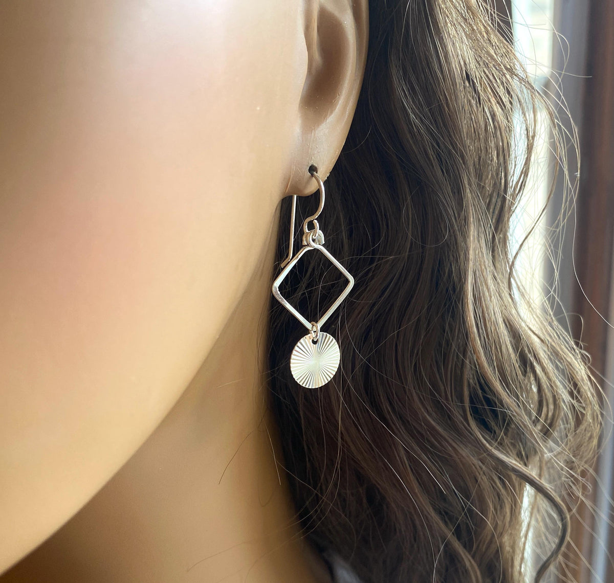 Geometric sterling silver dangle earrings with disc drops