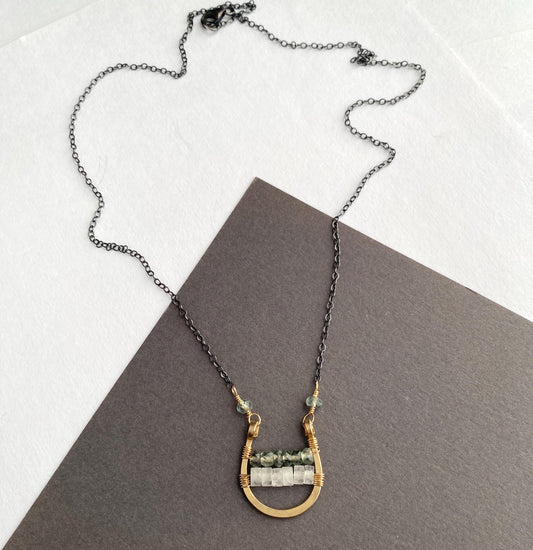 Mixed Metal Wire Wrapped Gold Gemstone Pendant with Oxidized Silver Chain