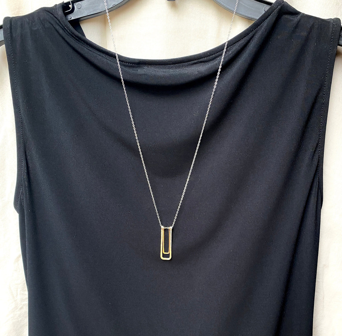 Long silver and gold rectangle pendant necklace