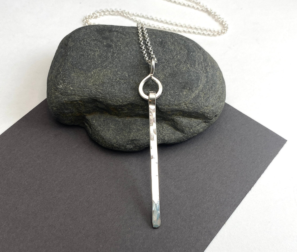 Sterling Silver Long Bar Necklace: Hammered Skinny Pendant