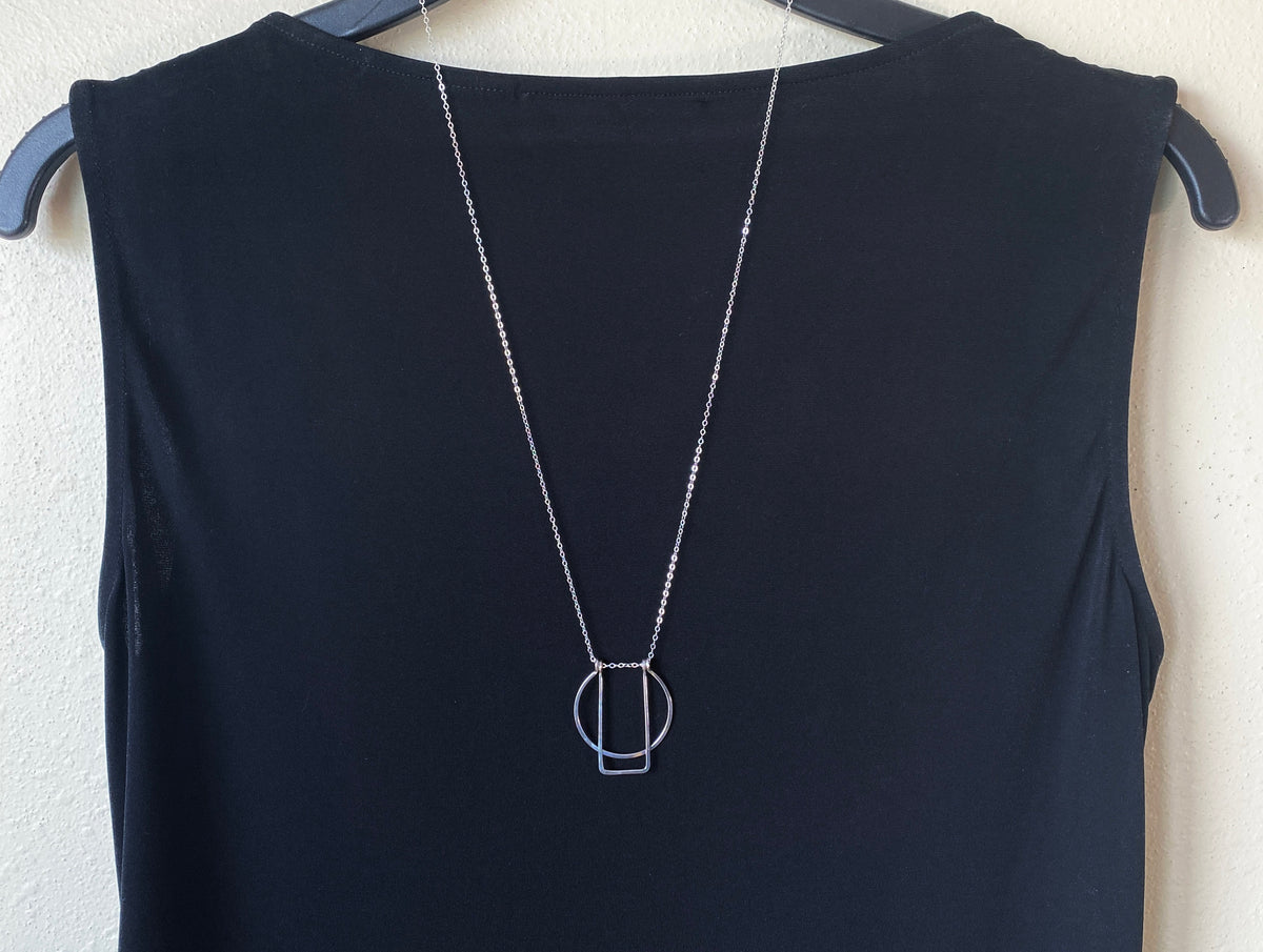 Long silver geometric necklace