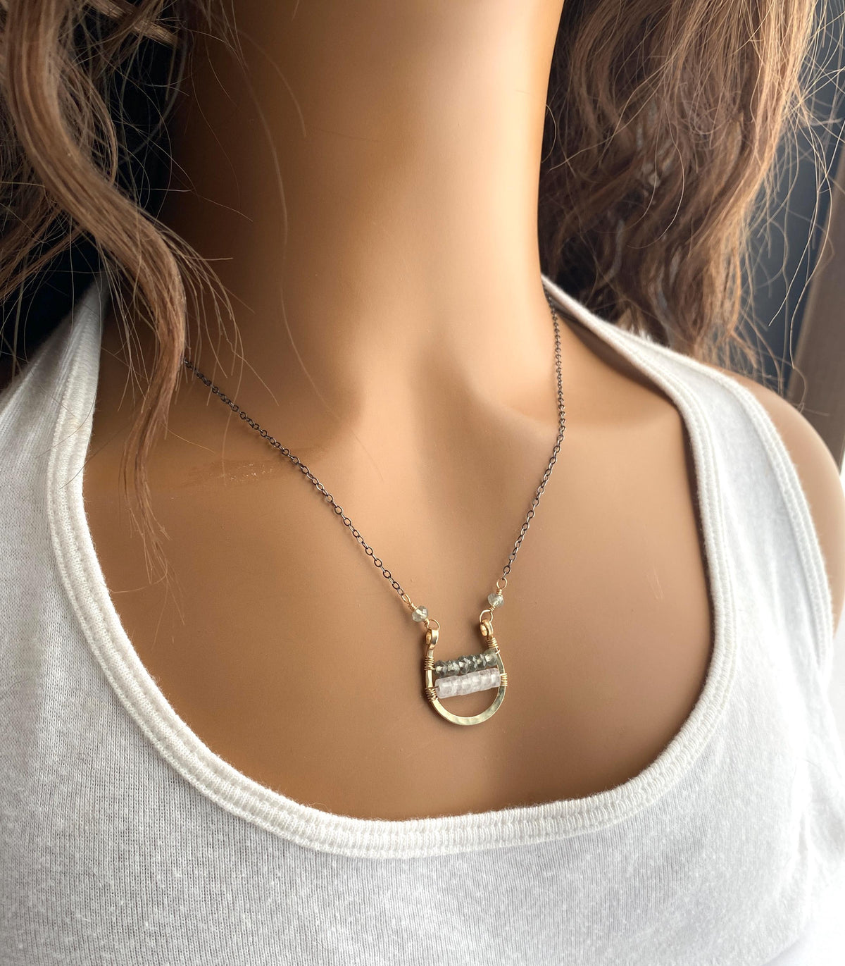 Mixed Metal Wire Wrapped Gold Gemstone Pendant with Oxidized Silver Chain