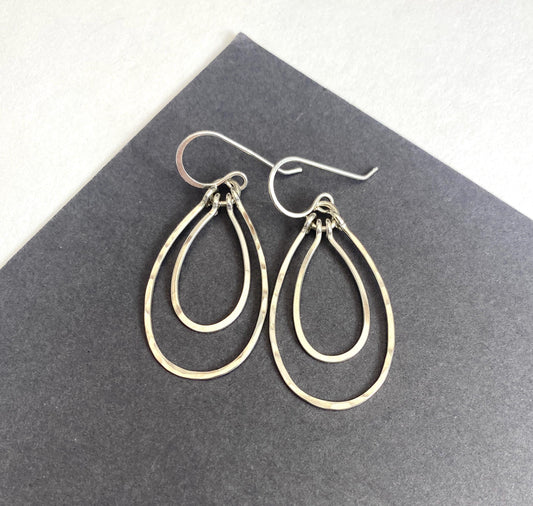 Sterling silver Teardrop Double Oval Dangle Hoop Earrings