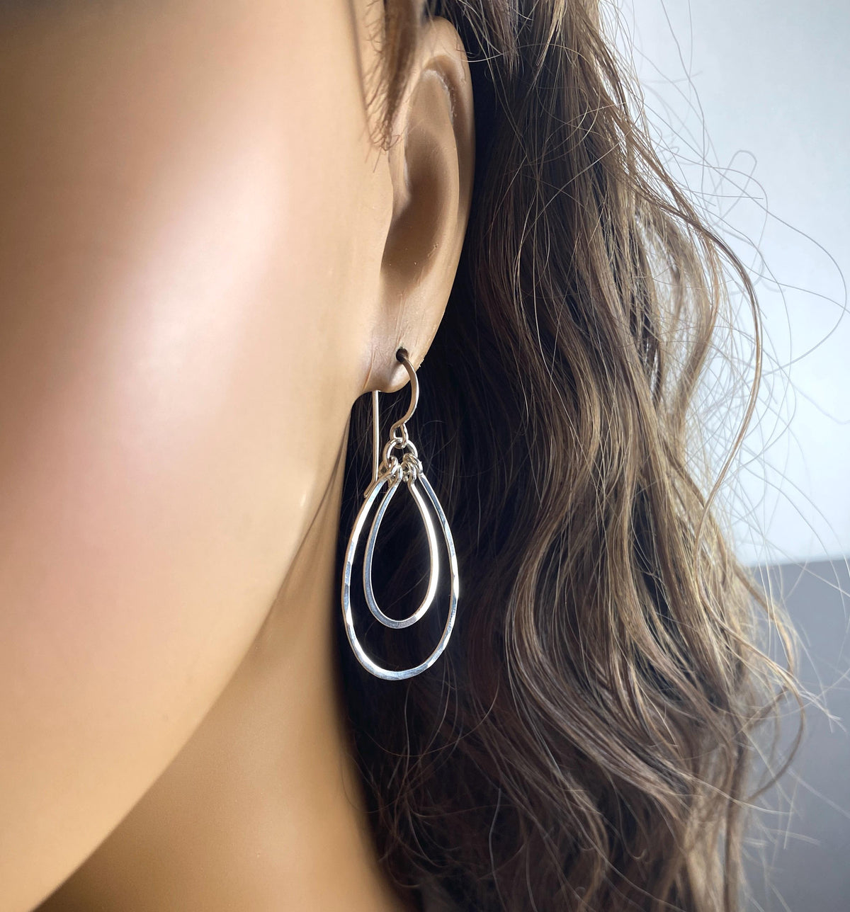 Sterling silver Teardrop Double Oval Dangle Hoop Earrings