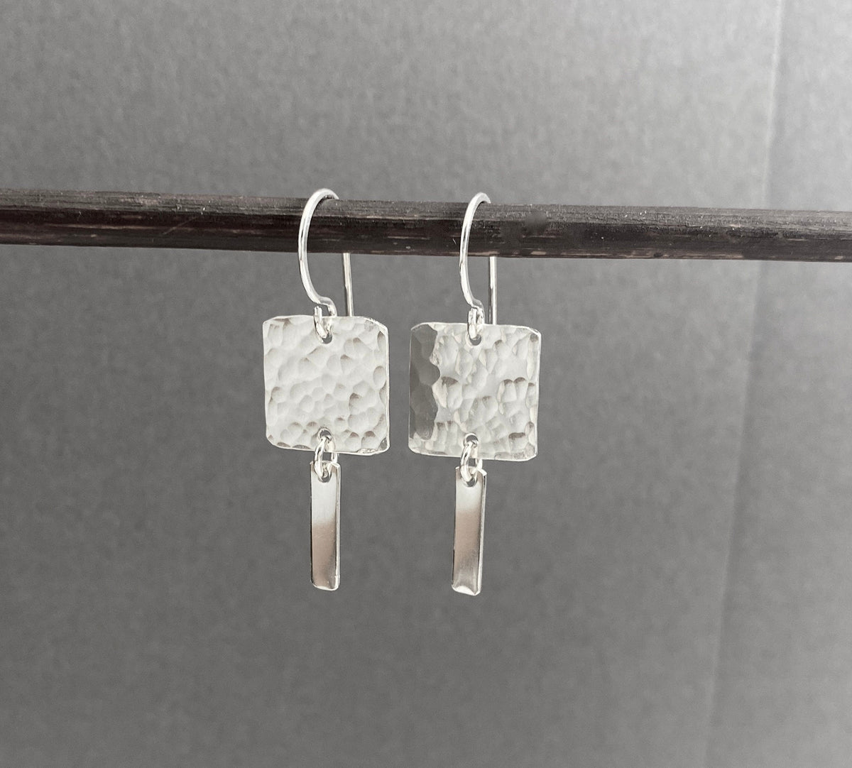 Hammered Silver Square Minimalist Dangle Earrings