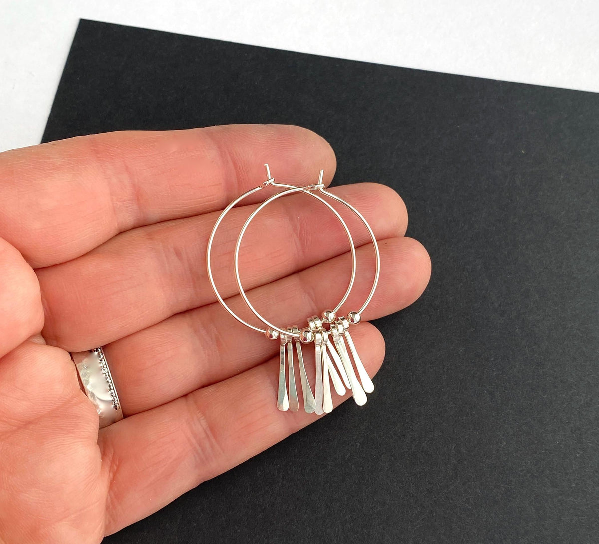Sterling Silver Metal Fringe Hoop Earrings