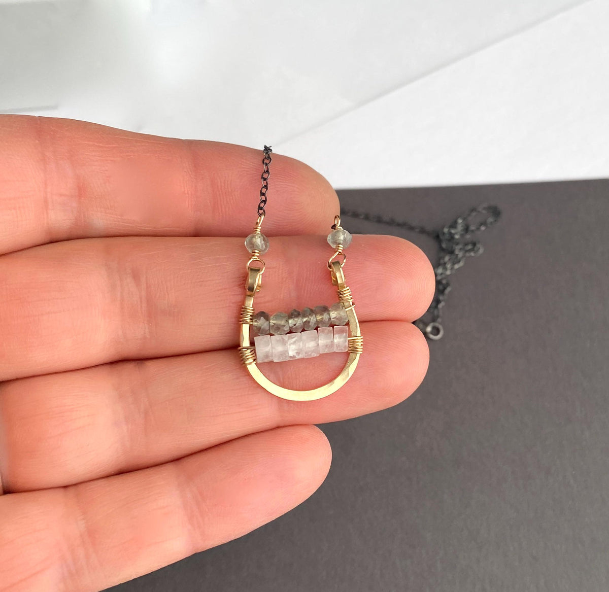 Mixed Metal Wire Wrapped Gold Gemstone Pendant with Oxidized Silver Chain