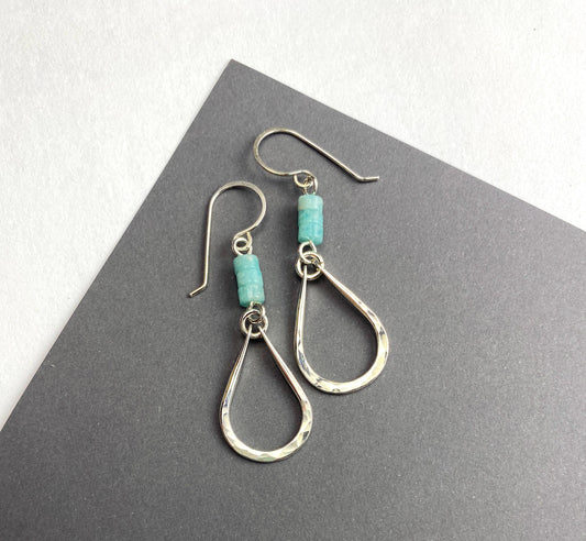 Aqua Blue Gemstone Hammered Silver Drop Earrings