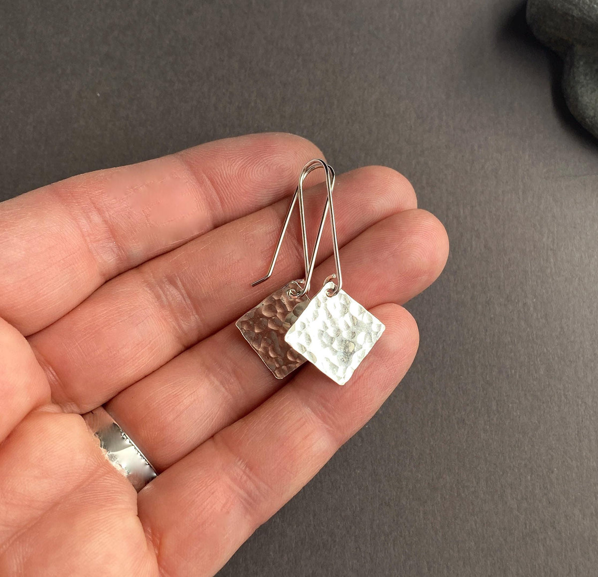 Hammered Sterling Silver Square Drop Earrings