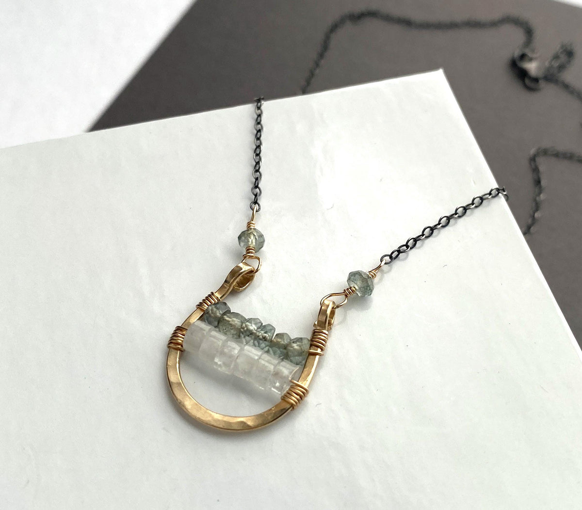 Mixed Metal Wire Wrapped Gold Gemstone Pendant with Oxidized Silver Chain
