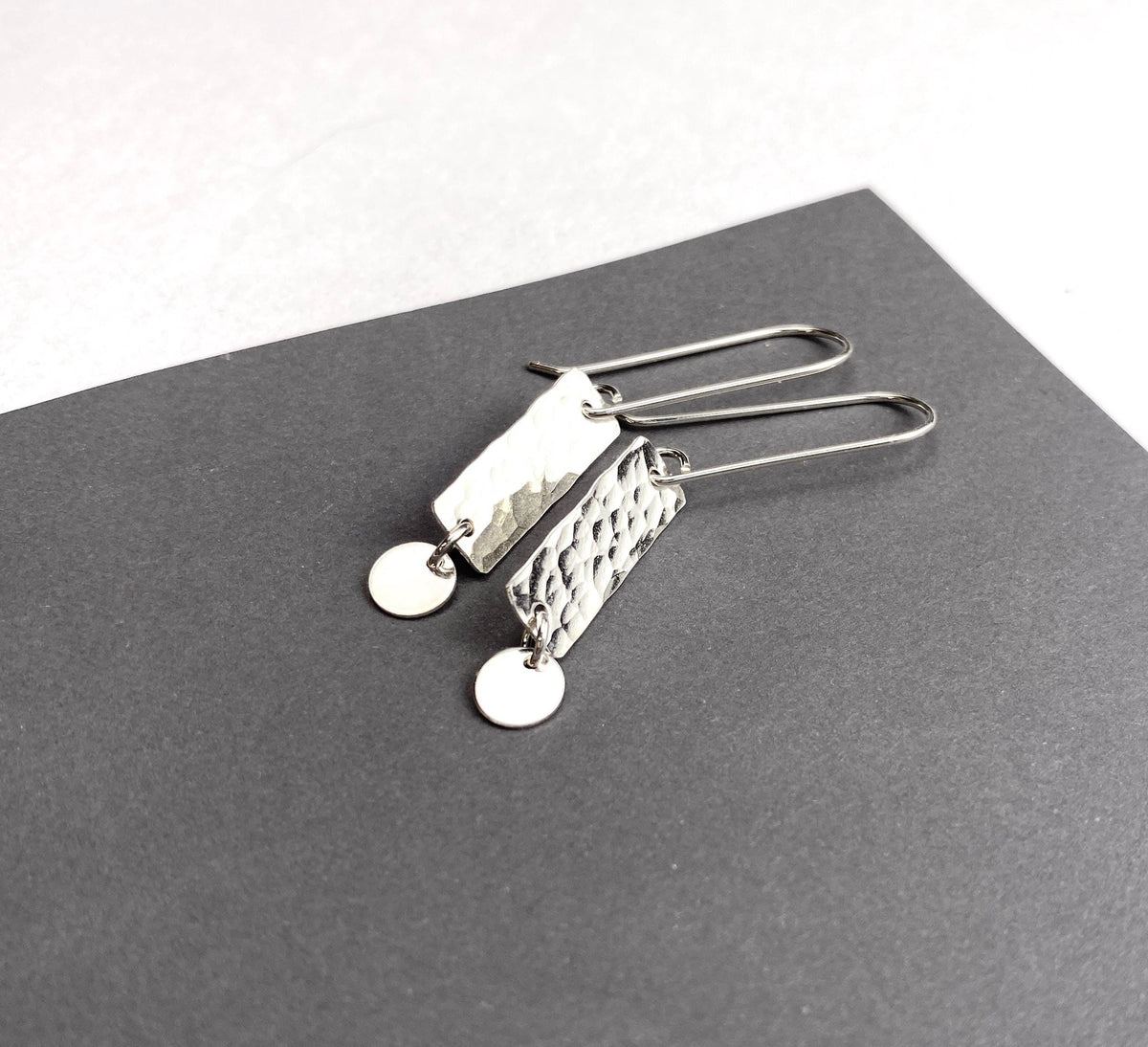 Long Hammered Silver Bar Drop Earrings