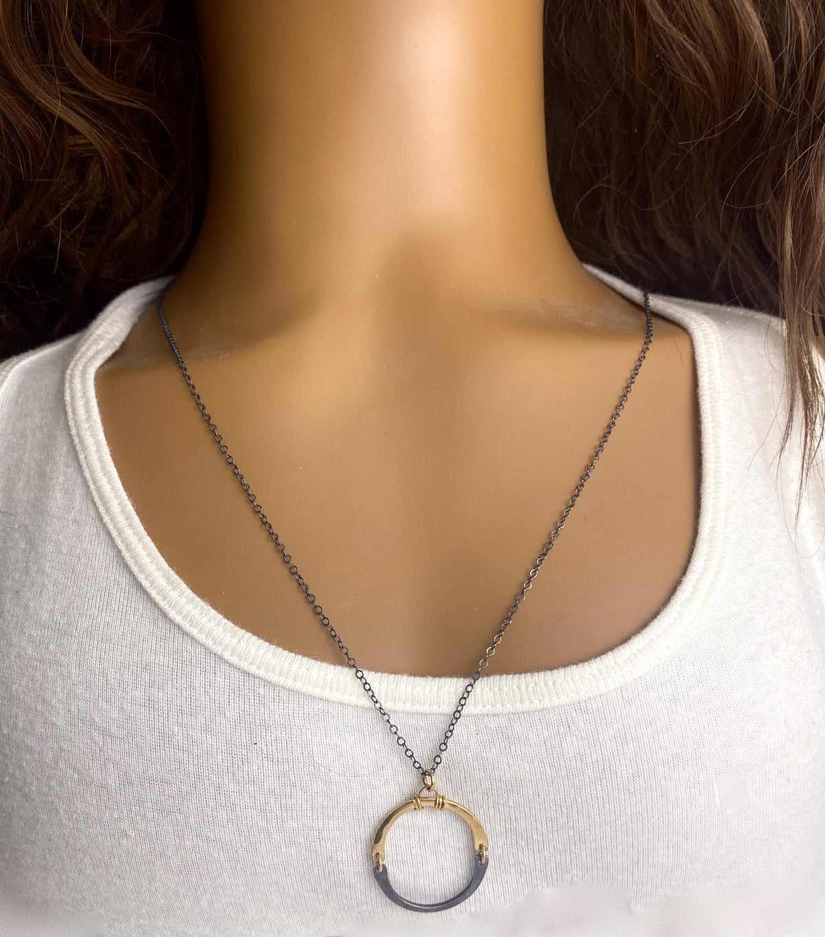 Long Oxidized Silver and Gold Circle Necklace