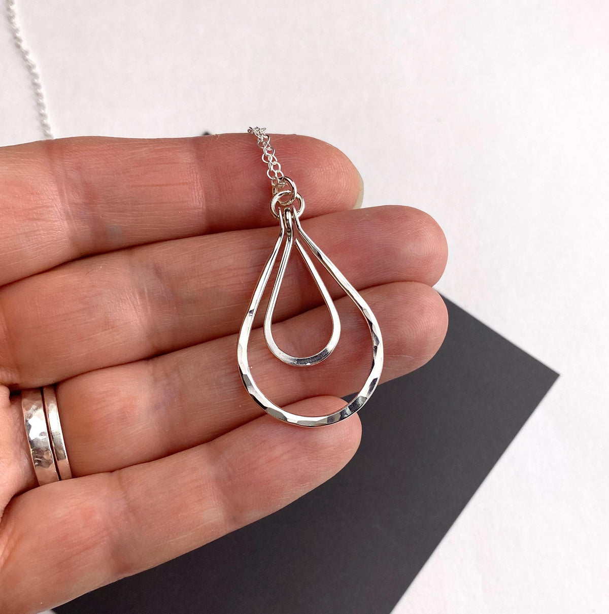 Hammered Silver Teardrop Pendant Necklace