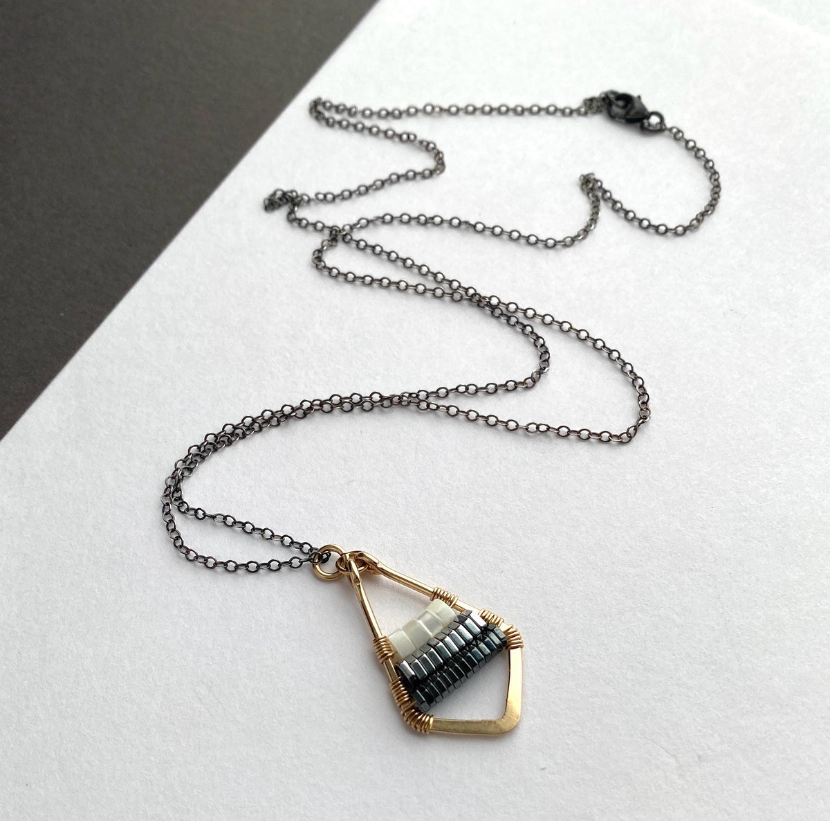Long Mixed Metal Silver and Gold Beaded Wire Wrapped Pendant Necklace