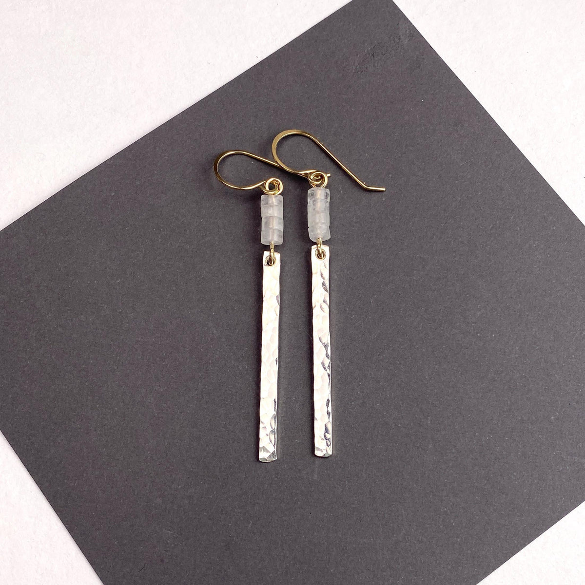 Long Mixed Metal Hammered Bar Quartz Earrings
