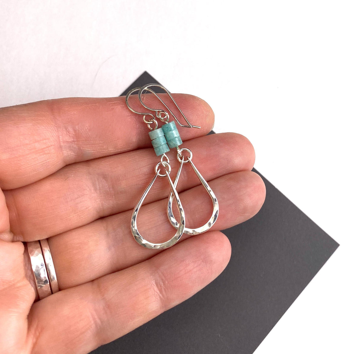 Aqua Blue Gemstone Hammered Silver Drop Earrings