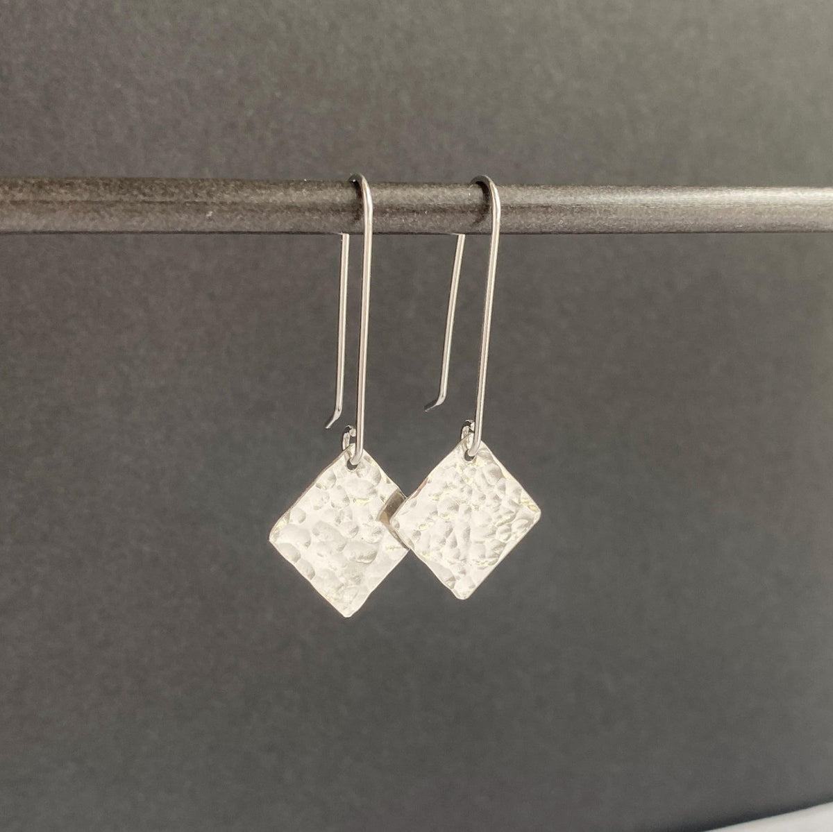 Hammered Sterling Silver Square Drop Earrings