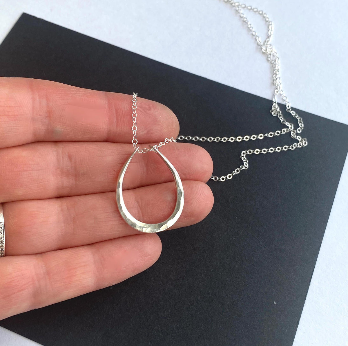 Hammered Silver Oval Pendant Necklace