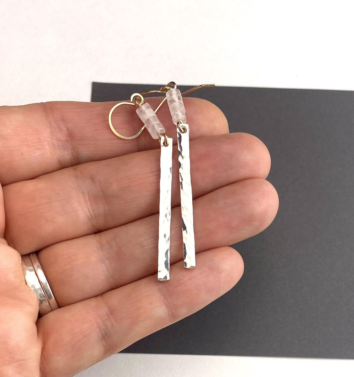 Long Mixed Metal Hammered Bar Quartz Earrings