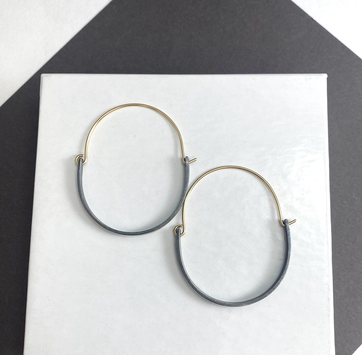 Oxidized Silver and Gold Oval Two Tone Hoops