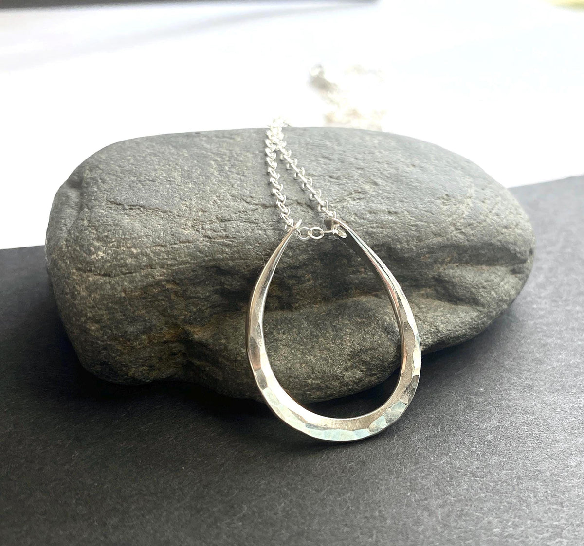Hammered Silver Oval Pendant Necklace