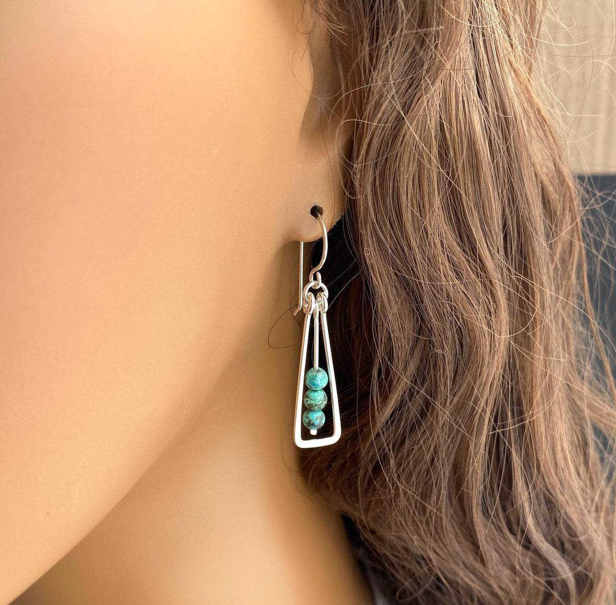 Silver Boho Gemstone Geometric Dangle Earrings
