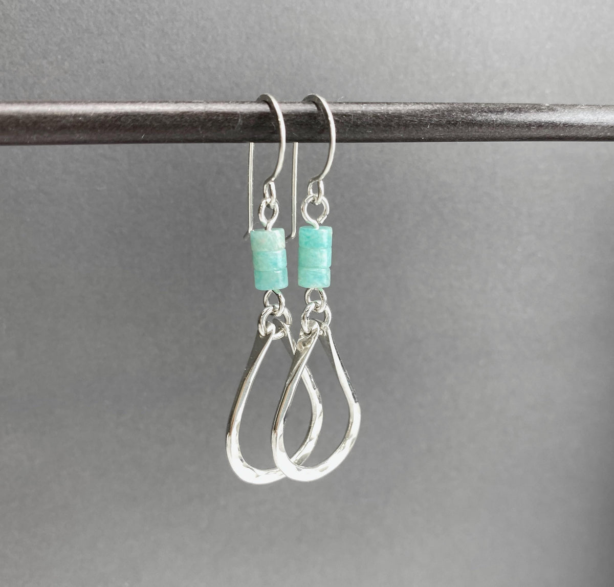 Aqua Blue Gemstone Hammered Silver Drop Earrings