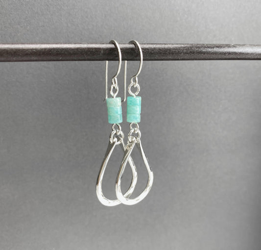 Aqua Blue Gemstone Hammered Silver Drop Earrings